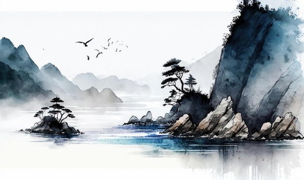 Paisagem costeira azul enevoada em estilo tradicional de pintura a tinta oriental