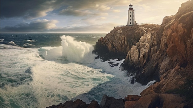 Paisagem costeira com falésias altas quebrando ondas contra costas rochosas um pequeno farol empoleirado em um penhasco generativo ai