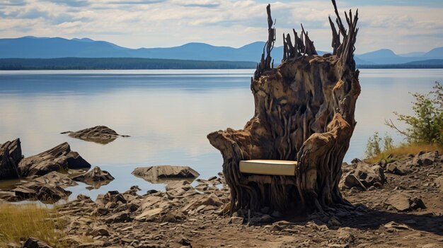 Paisagem costeira do lago Teletskoye com cadeira enorme