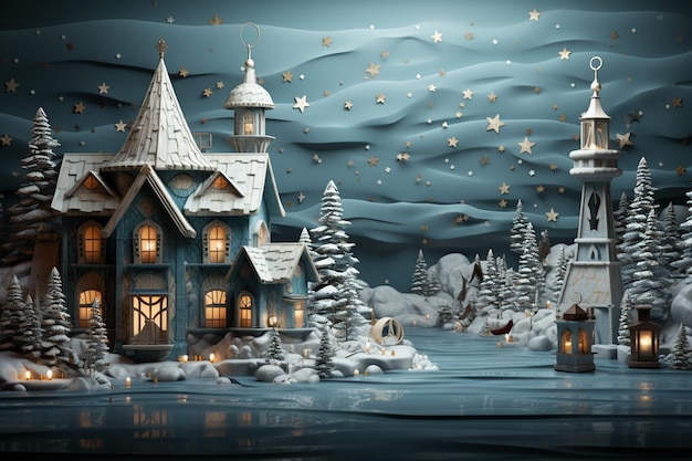 Paisagem da aldeia da noite de Natal Feriados de inverno Noite de noite Ilustração vintage festiva