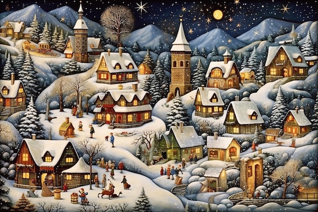 Paisagem da aldeia da noite de Natal Inverno neve rua aconchegante com luzes nas casas Feriados de Inverno