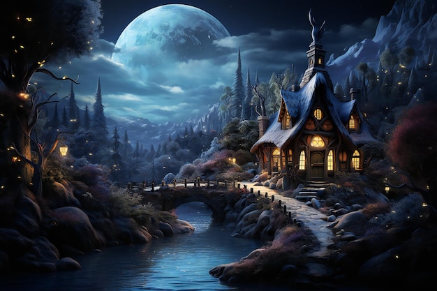 Paisagem da aldeia de fantasia noturna