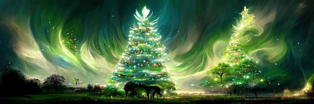 Paisagem da árvore de Natal, feliz natal. Ilustração Digital.