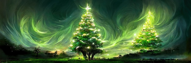 Paisagem da árvore de Natal, feliz natal. Ilustração Digital.