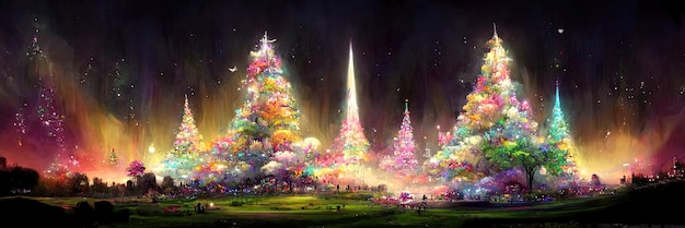 Paisagem da árvore de Natal, feliz natal. Ilustração Digital.