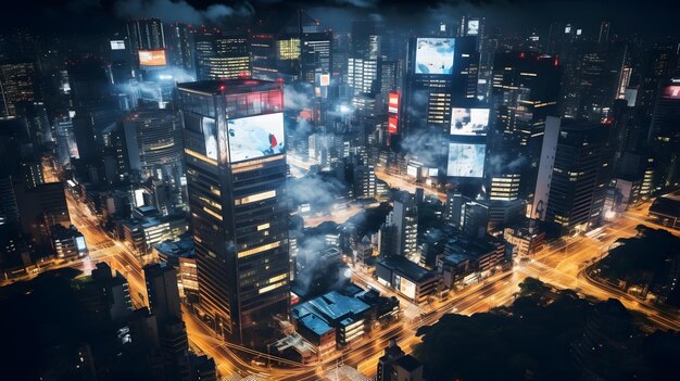Paisagem da cidade à noite com fumaça nebulosa e luzes brilhantes à distância IA geradora