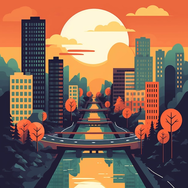 Paisagem da cidade ao pôr do sol Ilustração vetorial em estilo plano Paisagem urbana com estrada