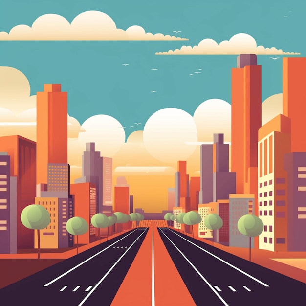 Paisagem da cidade com ilustração vetorial de estrada e arranha-céus em estilo simples