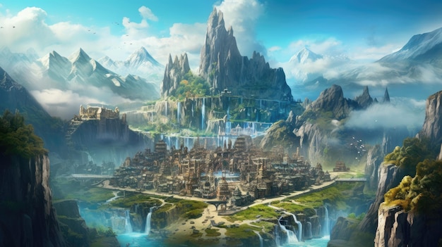 Paisagem da cidade de fantasia medieval cercada por montanhas Generative AI