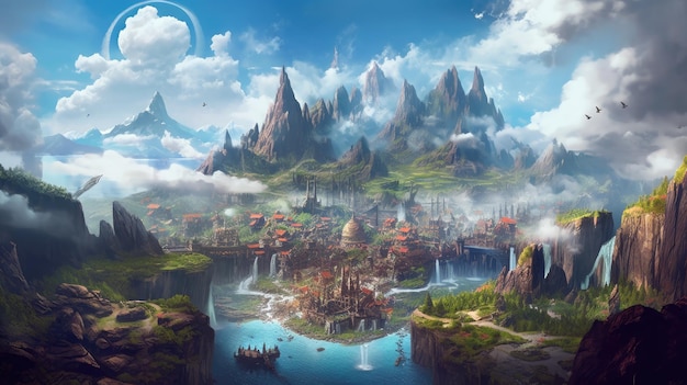 Paisagem da cidade de fantasia medieval cercada por montanhas Generative AI