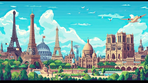 Paisagem da cidade de pixels Estilo estruturas reconhecíveis visita virtual da cidade destaca pixel art maravilhas paisagem urbana moderna gerada por AI