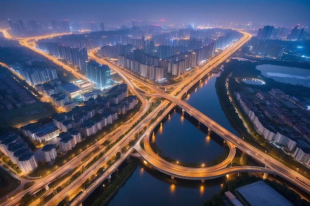 Paisagem da cidade e fluxo de tráfego no parque industrial de wuxi à noite