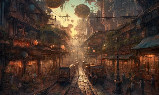 paisagem da cidade noturna steampunk ghostpunk dieselpunk fantasia ilustração cartaz livro de design de jogo