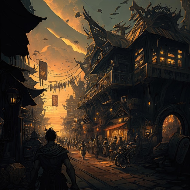 paisagem da cidade noturna steampunk ghostpunk dieselpunk fantasia ilustração cartaz livro de design de jogo