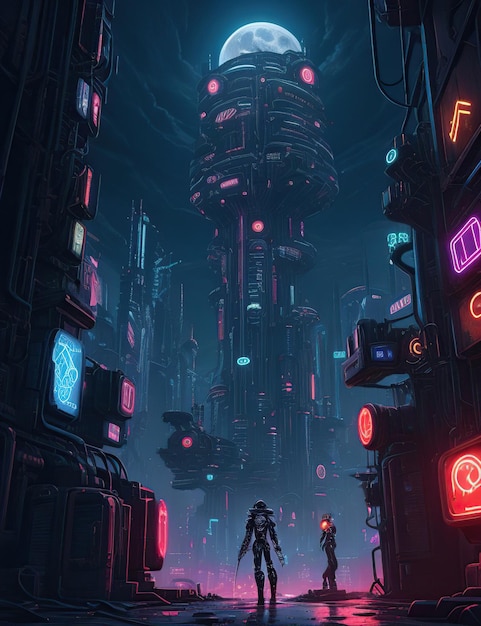 paisagem da cidade pós-apocalíptico robôs steampunk e cyberpunk futuristas