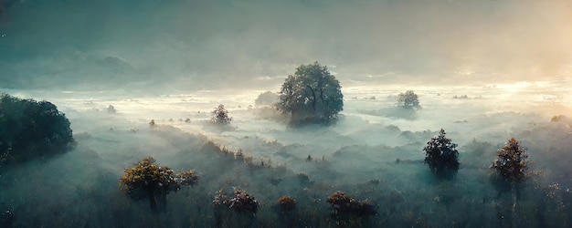 Paisagem da floresta alpina no nevoeiro ao amanhecer em estilo fantasia