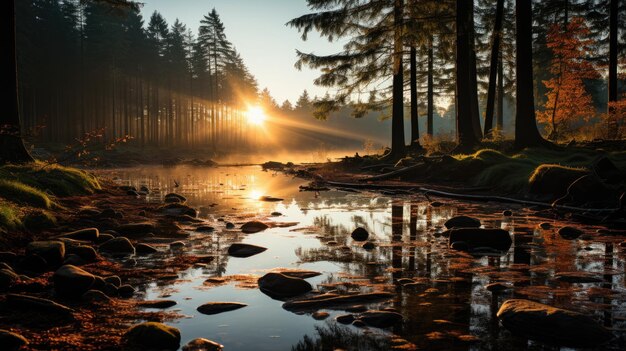 Paisagem da floresta com raios de sol gerados por IA