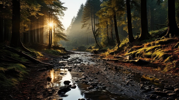 Paisagem da floresta com raios de sol gerados por IA