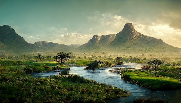 Paisagem da África com um rio de árvores e montanhas no horizonte sob uma ilustração 3d de céu nublado