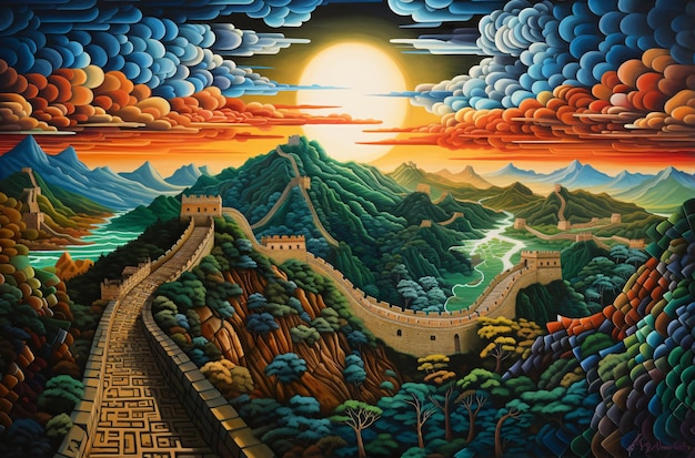 paisagem da grande muralha chinesa com montanhas no estilo de tantacy vibrante