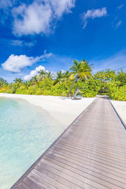 Paisagem da ilha Maldivas. Cais de madeira, palmeiras de areia branca. Férias na praia e conceito de férias.