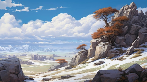 Paisagem da Montanha de Neve Uma pintura digital no estilo Masamune Shirow