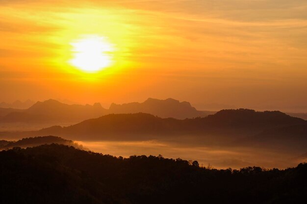 Paisagem da natureza fundo bela vista da névoa da manhã preenchendo os vales de colinas lisas camada de cordilheira floresta amarela nascer e pôr do sol nas montanhas com céu laranja