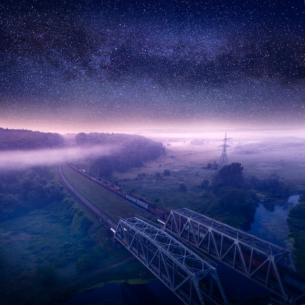 Paisagem da noite de verão, estrada de ferro pela floresta. Céu estrelado.