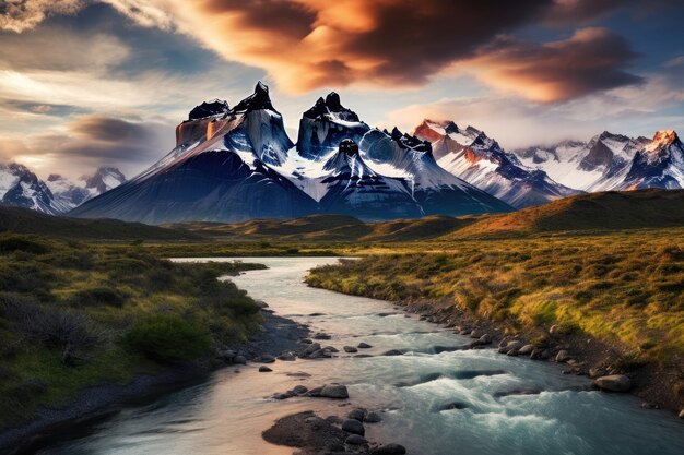 Foto paisagem da patagônia da montanha dos andes em torres del paine, chile