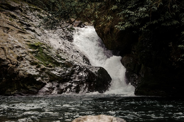 Paisagem da pequena cachoeira perto do lago cercada por rochas nos banhos afrodite na geórgia