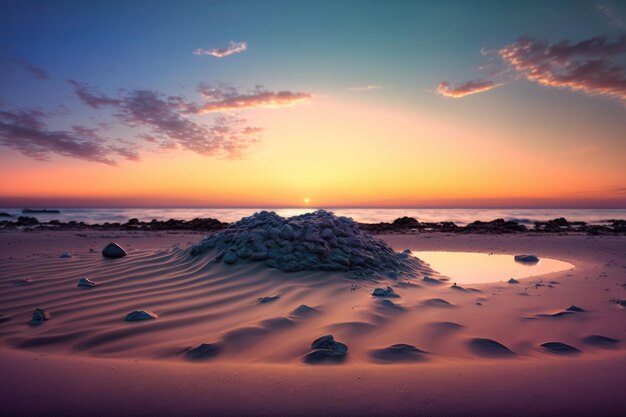 Paisagem da praia com rochas sobre o céu azul do mar e o pôr do sol criado usando tecnologia generativa ai