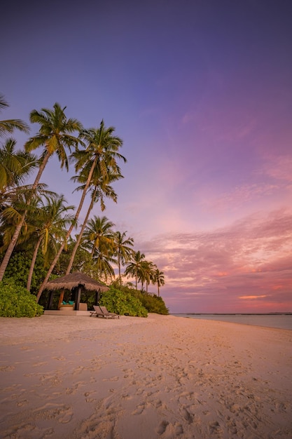 Paisagem da praia da ilha tropical do paraíso. Calma tranquilo relaxante pôr do sol, costa exótica