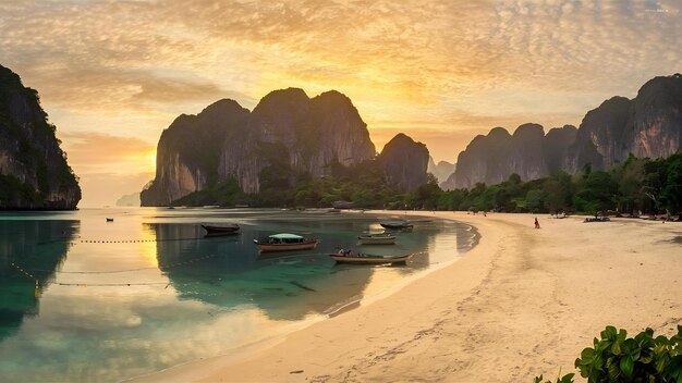 Paisagem da praia de Railay ao nascer do sol em Krabi, na Tailândia