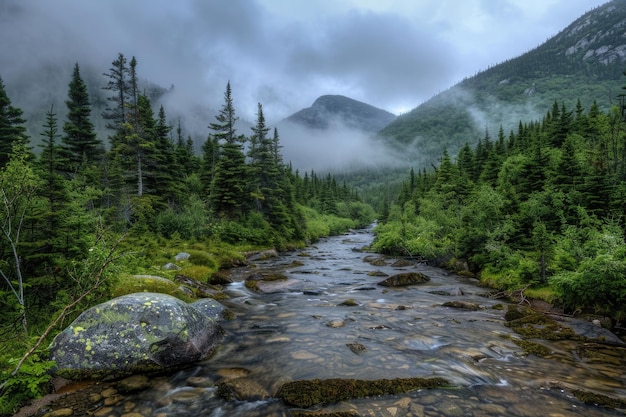 Paisagem das Montanhas Adirondack com pico nebuloso e Marcy Brook