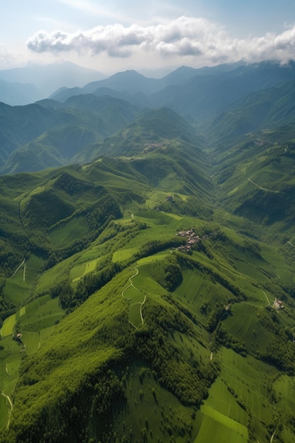 Paisagem das montanhas e campos verdes de cima criados com generative ai