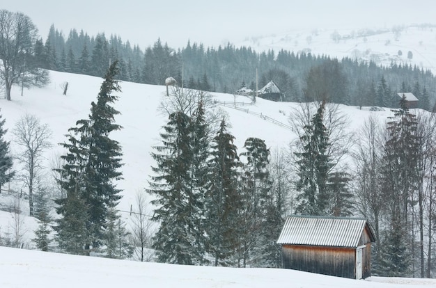 Paisagem de aldeia de montanha de inverno de manhã cedo