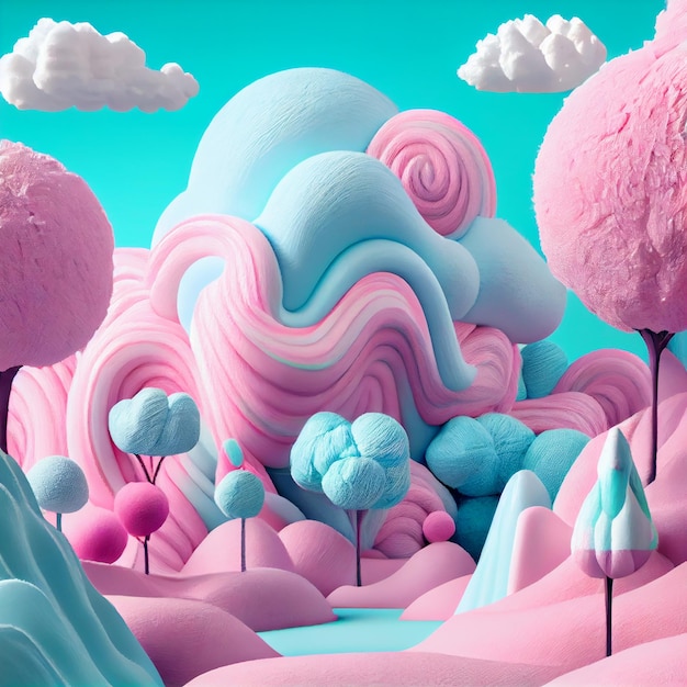 Paisagem de algodão doce azul e rosa renderização em 3D terra das fadas