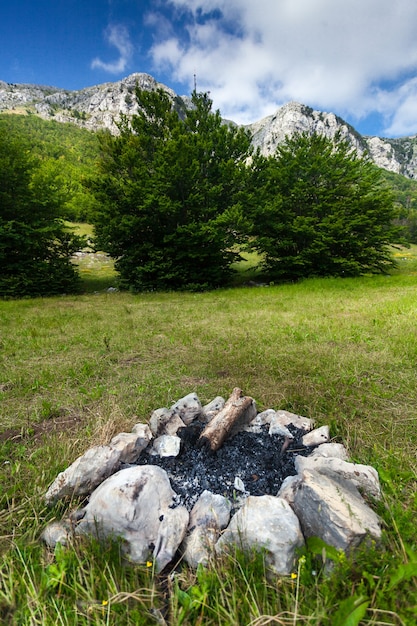 Paisagem de alta montanha e fogueira extinta na floresta