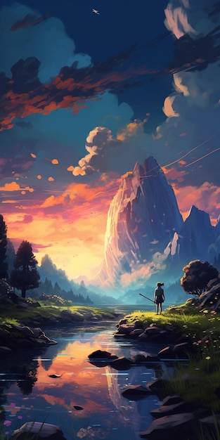 Paisagem de anime com um homem de pé em uma rocha e um rio generativo ai