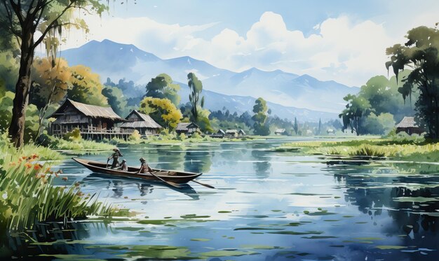 Foto paisagem de aquarela com casas no lago foco suave seletivo