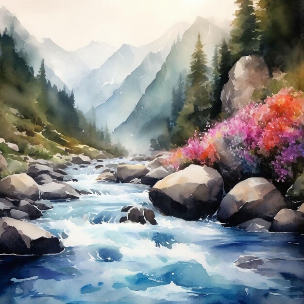 Paisagem de aquarela com rio de montanha e floresta Pintura de arte digital