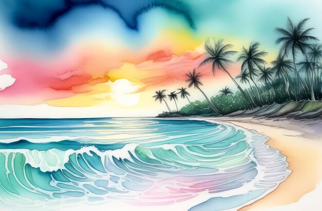 Foto paisagem de aquarela com vistas de ilhas tropicais montanhas palmeiras oceano cartão