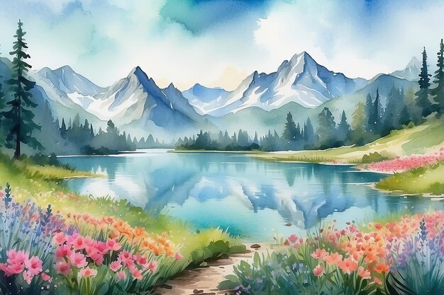 Foto paisagem de aquarela de primavera com montanhas, lagos e flores ia geradora