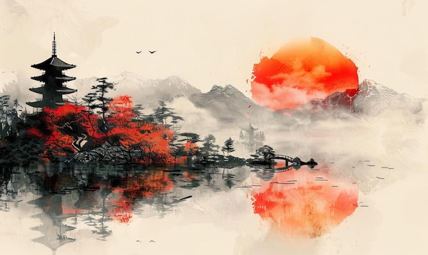 Foto paisagem de aquarela do japão