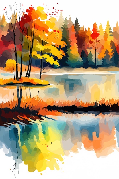 Paisagem de aquarela Floresta de outono na margem do lago Ilustração vetorial Árvores de outono à margem da floresta calma Lago ou lagoa em um dia de outono ensolarado