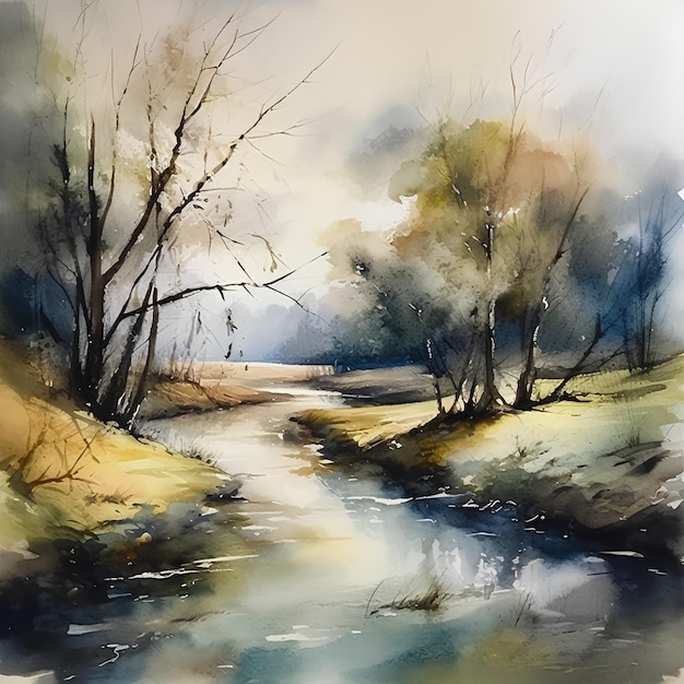 Paisagem de aquarela Rio aquarela com árvores aquarelas escuras e sombrias