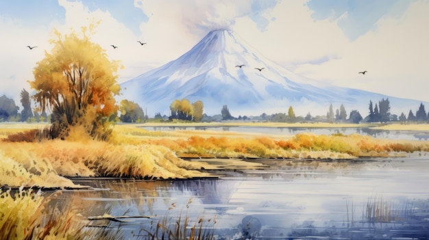 Paisagem de aquarela Vulcão com o rio Dnieper e salgueiros