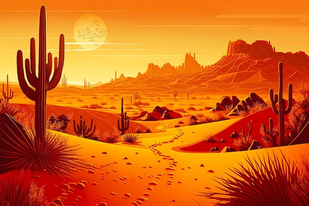 Paisagem de areias vermelhas ao pôr do sol paisagem desértica laranja com cactos e dunas de areia generativas ai