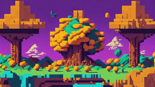 Paisagem de arte de pixel com árvores e montanhas