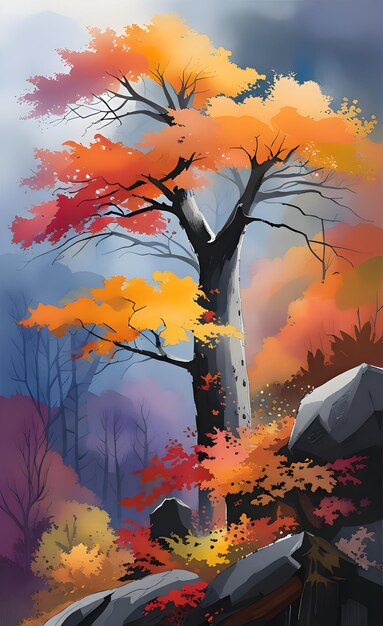 Paisagem de árvore de outono em aquarela